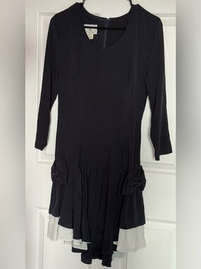 Vintage Jonathan Martin Navy Long-Sleeve Drop-Waist Dress with Bow Accents